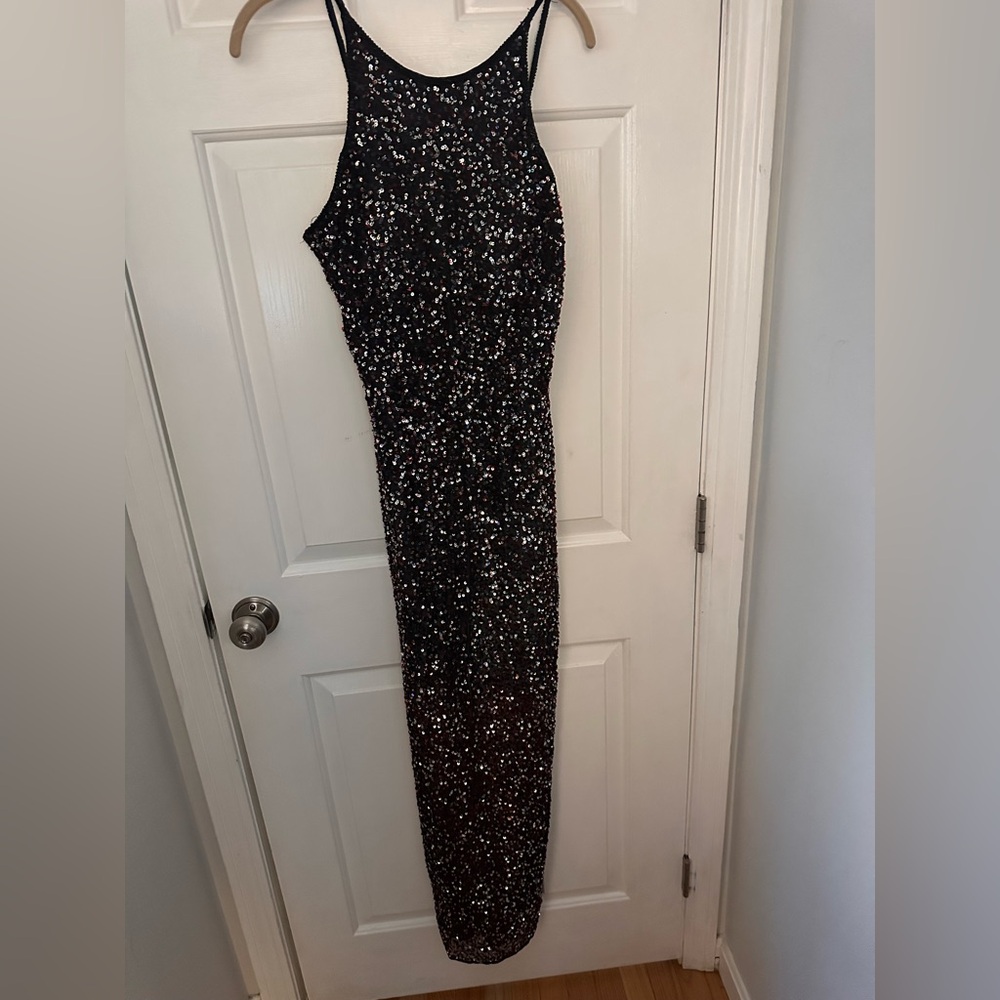 Adrianna Papell Black Maxi Bodycon Halter Dress with Sequin Embellishments